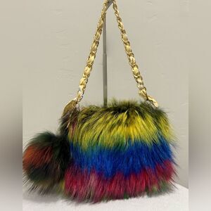 Colorful Real Finn Raccoon Fur Handmade Multi Use Bag & Fur Pom-Pom Charm